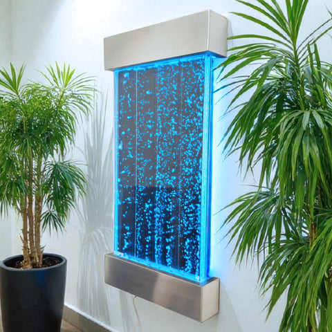 Wall-mounted bubble wall water feature with blue LED lights